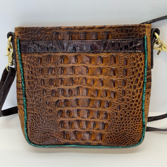 Brahmin Cleo Cocoa Melbourne Crossbody Leather Croc Embossed Bag Blue Trim - Picture 4 of 7